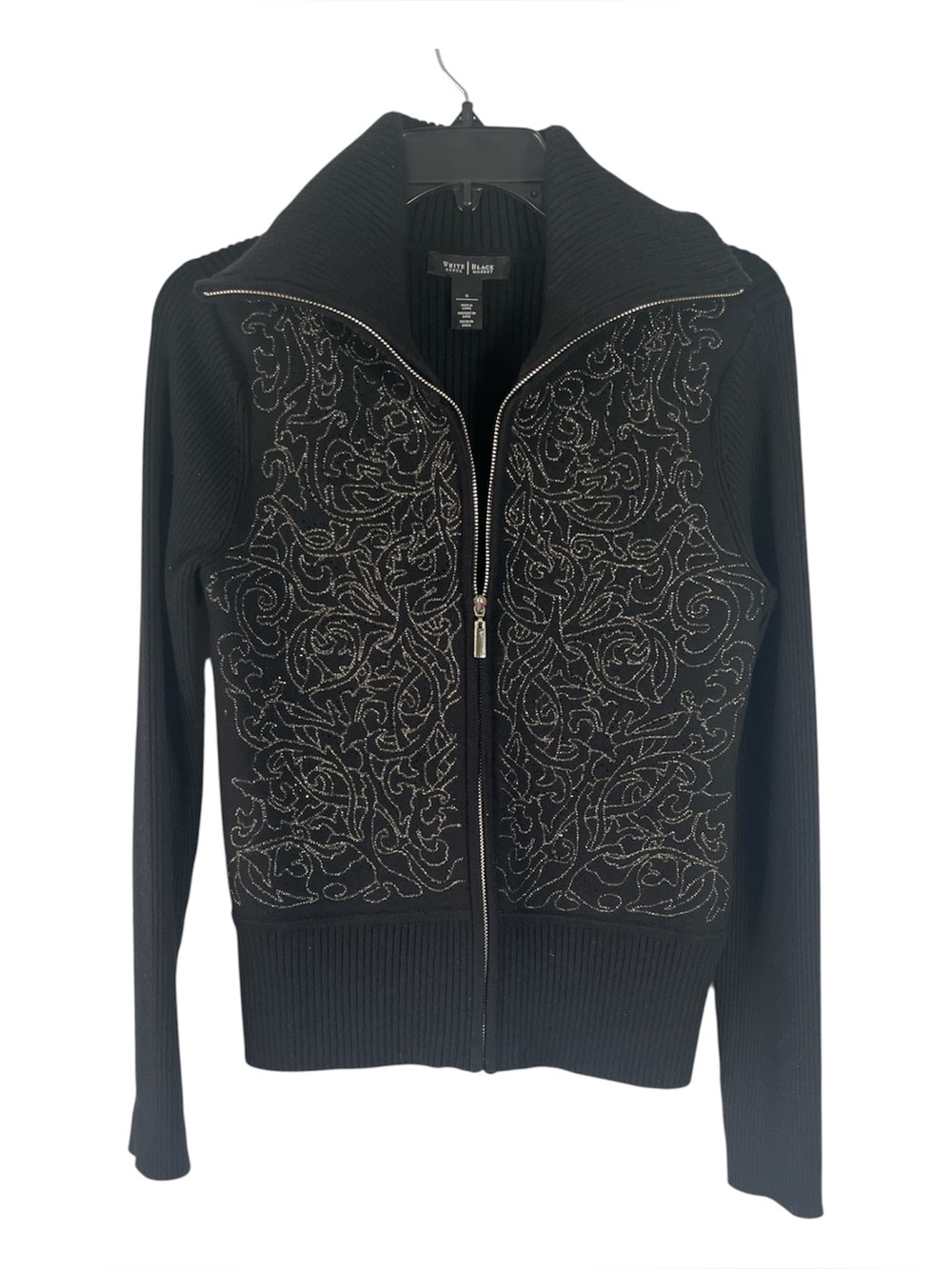 White House Black Market S Black Gold Metallic Embroidered Rhinestone Zip Cardig